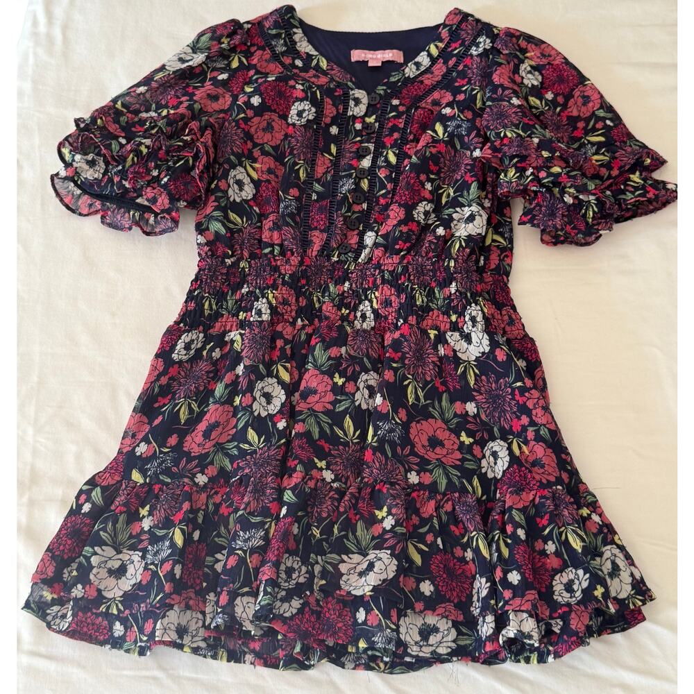 Girls Size 4 BCBG Floral Dress Dark Navy Red White Flowers with Sparkle Accents
